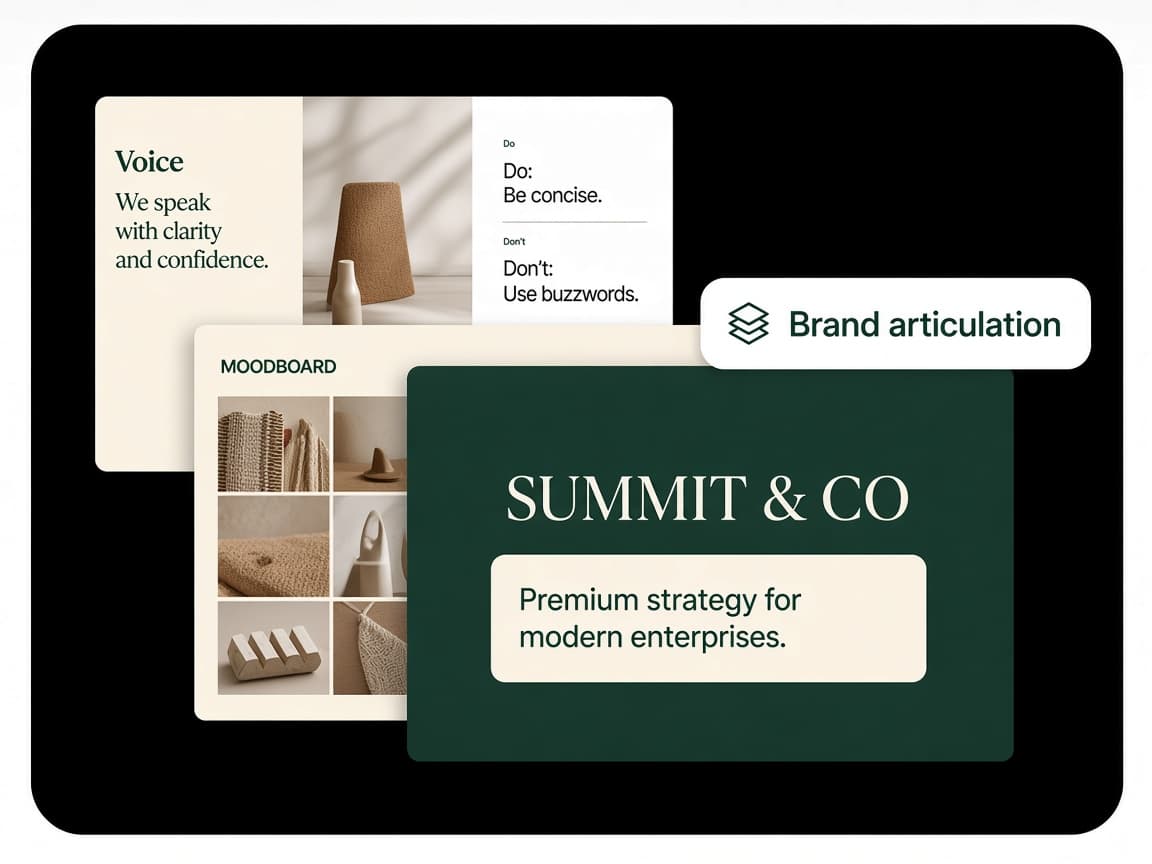 Moodboard, writing guide and brand articulation cover overlapping