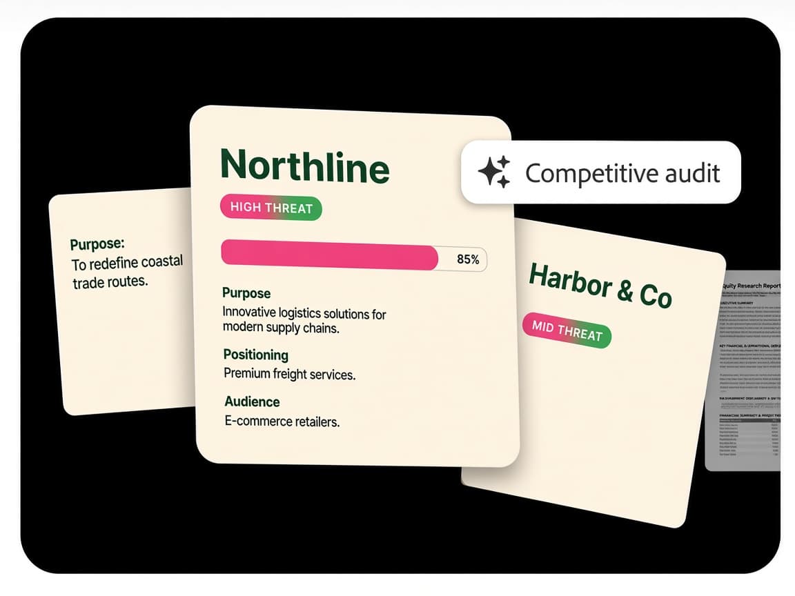 Overlapping competitor research cards showing threat level, purpose and positioning