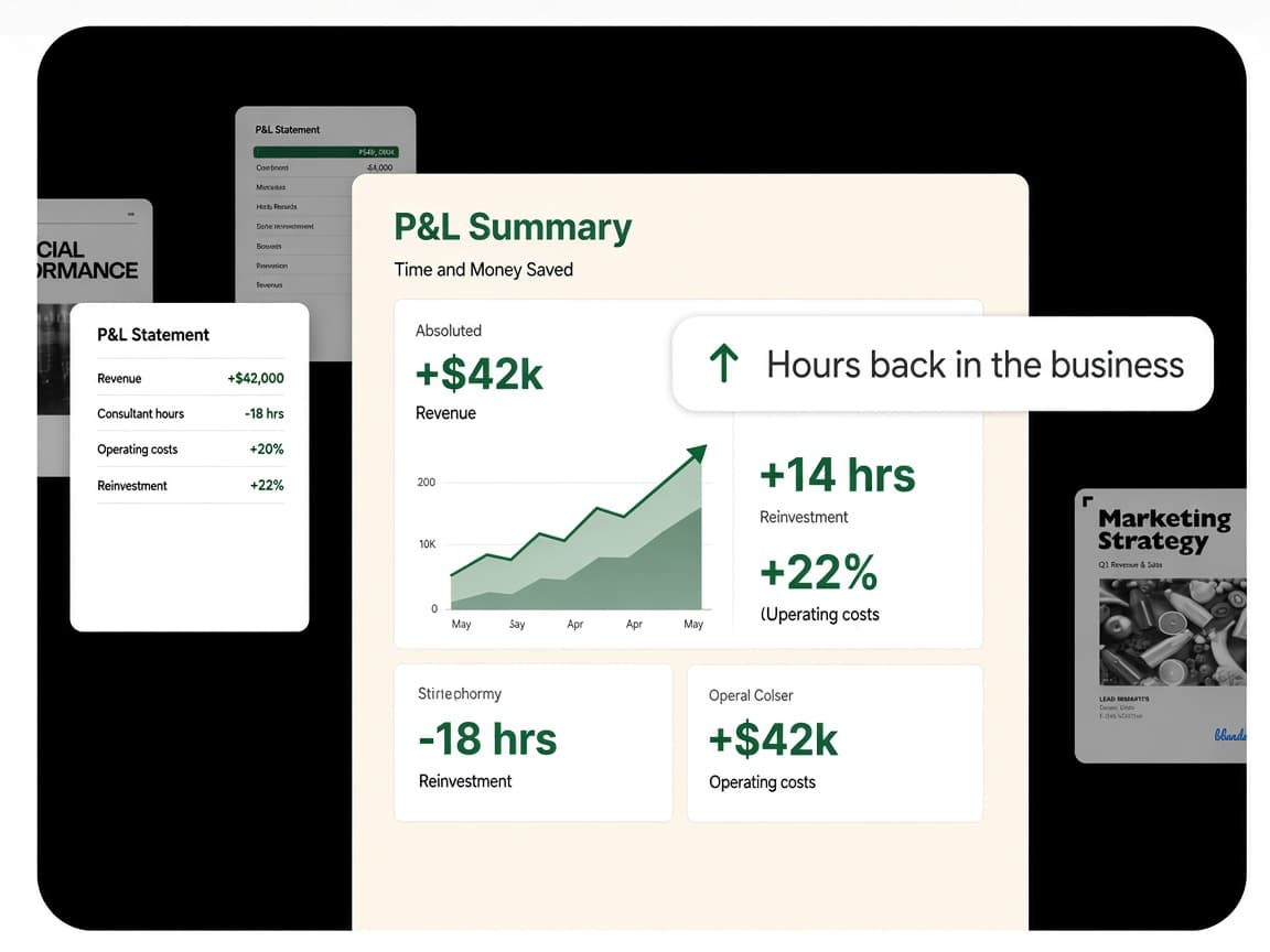 Profit and loss snapshot with green figures and an upward growth chart